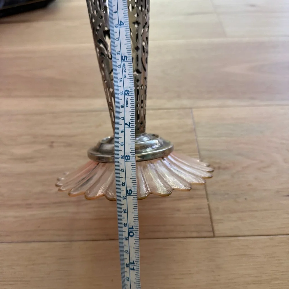Godinger Filigree Vase Vintage Silver Plated Pink Glass Fluted Base 9.5in